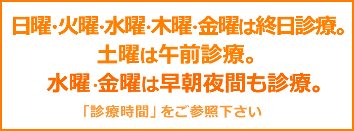 日曜・水曜・木曜は終日診療。月曜・水曜・金曜は早朝夜間も診療。